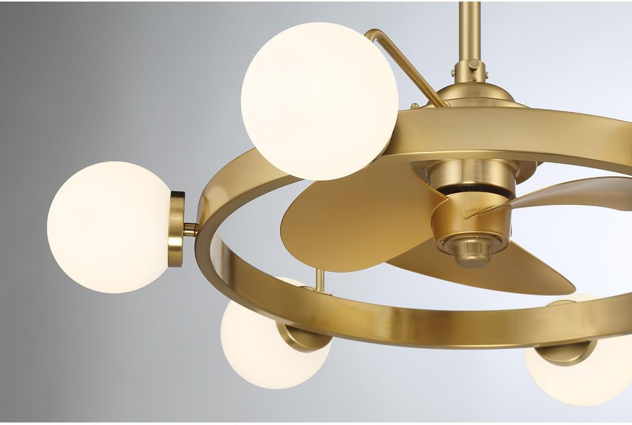 Savoy House 30-FD-345-322 Gibson Fandelier Mid-Century Modern Opal Glass Orb Chandelier Ceiling Fan with Light and Remote, Integrated LED 6-Light 36 Total Watts, 10" H x 30" W, Warm Brass