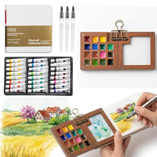 Rovian Mini Watercolor Travel Set, 24-Color Portable Watercolor Kit with Premium Walnut Palette, 3 Water Brushes & Sketchbook - Pocket Art Supplies for Urban Sketching, Artists & Beginners