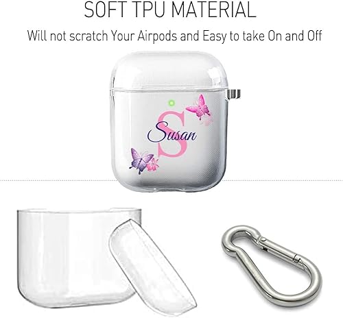 Miniatura 4 de Funda para Airpods transparente con nombre y inicial para Apple AirPod de 1 y 2 generación, delgada, a prueba de golpes, transparente (mariposa