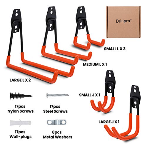 DRILLPRO Heavy Duty Wall Hooks, Pack of 8 Garage Hooks Wall Mount Tool, Garage Hangers for Organizing Power Tools, Ladder Hangers for Wall, with 17 Pairs Screws and 8 Metal Strengthen Plates