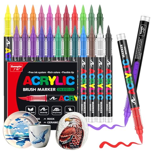 24 Feutres Acryliques Pointe Pinceau - Marqueurs Peinture Pour Coloriage Adulte, DIY, Toile, Verre, Bois