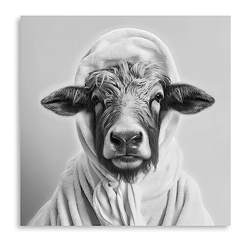 Funny Bathroom Canvas Wall Art: Highland Cow Wrap Bath Towel Portrait for Kids' Bedroom Pictures Black And Black And White Wall Art Framed 12"x12"-B Cover
