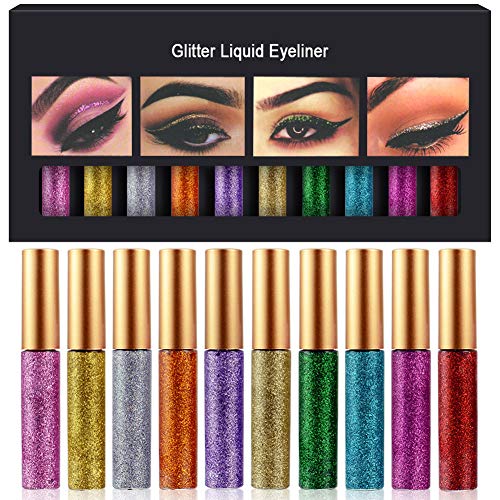 Glitter Liquid Eyeliner 10 Colors Metallic Shimmer Glitter Eyeshadow Sparkling Eyeshadow Cosmetic Glow Pigment Eye Shadow Long Lasting Waterproof Face Lips Art Gold Silver Eyeliners