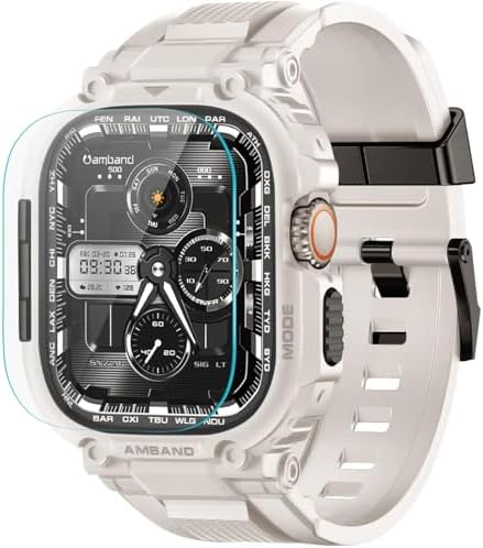 amBand Bands Case Screen Protector Compatible with Apple Watch Ultra 2/1 49mm, M1 Sport Series Rugged Cover Strap and 9H Tempered Glass Film, Protective Bumper for iWatch 49 mm Men Starlight