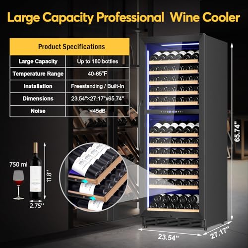 Image of FoMup Wine Fridge Dual Zone, Freestanding Wine Cooler Refrigerator 180 Bottles Large Capacity with Sliding Rail Wooden Shelves and Door Lock, Black