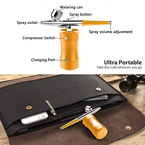 COSSCCI Handheld Airbrush Kit, Portable Mini Air Brush Spray Gun with Compressor Kit Single Action Air Brush Painting Kits for Cake Decorating Makeup Art Nail Model Painting Tattoo Manicure (Gold)