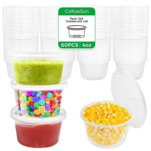 CoKeeSun 60 recipientes de almacenamiento con tapa redondos, 100 ml/4 oz, a prueba de fugas, latas pequeñas con tapa para recipientes de alimentos, salsas, condimentos, reutilizables