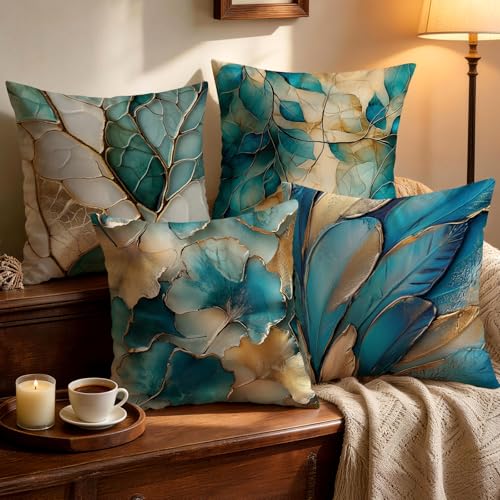 OBSEDE Teal and Gold Leaf Decorative Throw Pillow Covers 18x18 Set of 4, Modern Abstract Botanical Pillow Cases for Sofa Living Room Decor