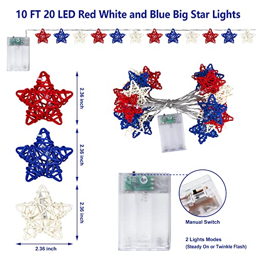 Mosoan 4Th Of July Patriotic Decorations Red White And Blue Star Lights, 10Ft 20 Led 3D Hollowed Rattan Big Star String Light Battery Operated, Fourth Of July Party Decor Independence Day Memorial Day #TOP2