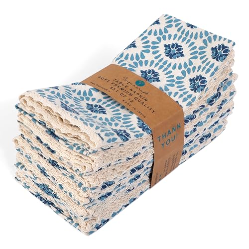 Image of FINGERCRAFT Printed Table Napkins Cotton Linen Blend Fabric Set of 12 with Classic Lace 20x20 Inch Dinner Napkin Cloth Durable and Good Absorbency for Home, Hotels, Parties (Moroccan Beauty)