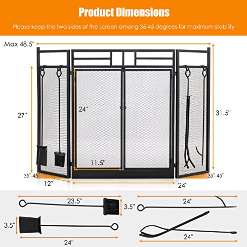Tangkula 3-Panel Folding Fireplace Screen With Magnetic Hinged Doors, Fire Spark Guard With Fireplace Tools Set, Wrought Iron Decorative Mesh Cover With Wood Burning Stove Accessories, Black #TOP3