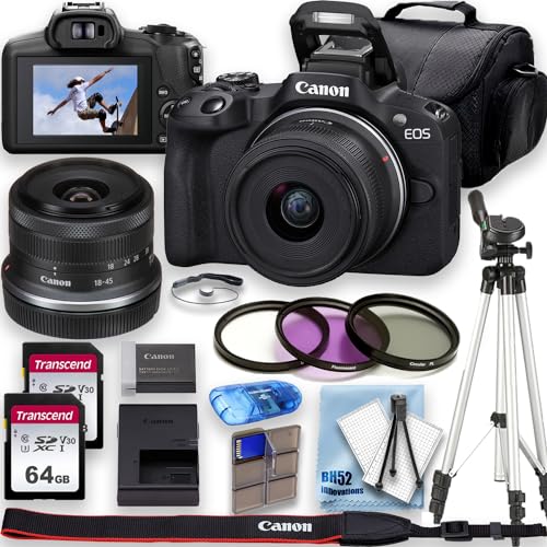 Canon EOS R50 4K Video Recording Mirrorless Camera with 18-45mm Lens, 2 X 64GB Fast Transcend Memory + Deluxe Accessory Bundle (Renewed)