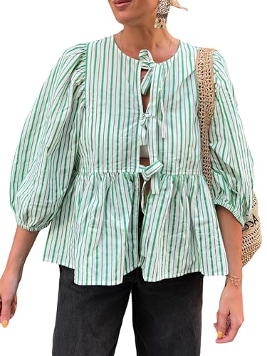 Image of Springcmy Women Y2K Puff Sleeve Peplum Shirts Tie Front Ruffle Hem Babydoll Blouse Tops Tee Lace up Summer Tops Streetwear (A-Green, M)