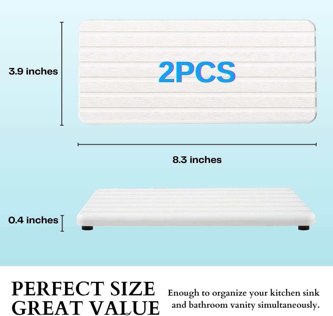 2PCS Fast-Drying Diatomite Sink Tray, Ultra-Absorbent Soap Holder for Bathroom Kitchen Countertop, Non-Slip Stone Coaster with Grooved Design & Anti-Slip Foot Pads, 8.3" x 4" x 0.4", White