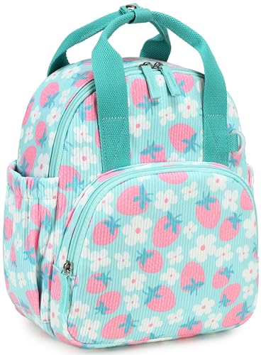 Image of Bluboon Toddler Backpack for Girls Boys 2-4 Cute 12 inch Preschool Kindergarten Backpacks Kids Daycare Bags School Travel (Pink Strawberry Flower - Mint Green, Age 2-4 (12 inch H not Fit A4 Folder))