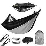 Hitorhike Camping Hammock with Mosquito Net Nylon Tree Straps Detachable Aluminum Poles and Steel Carabiners, 2 in 1 Function Design for Backpacking, Camping, Travel, Beach, Backyard (Black with Gray)
