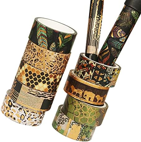 Animal Stripes Washi Tape Set 12 Rolls, 15 mm Wide, Gold Foil Printed Animal Stripes Pattern, Japanese Masking Tape (3m), Decor for Scrapbook, Bullet Journal, Scrapbooking Supplies