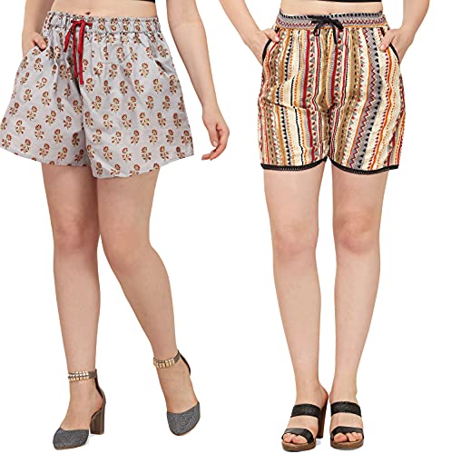 Image of DHRUVI TRENDZ Women's Slub Rayon Foli Design Regular Shorts
