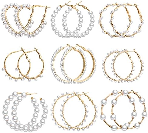 Adoshine Faux Pearl Hoop Earrings for Women Lightweight Open Large Circle Heart Dangle Drop Open Huge Earrings Artificial Pearl Beaded Earrings Brides Jewelry (9 Pairs)
