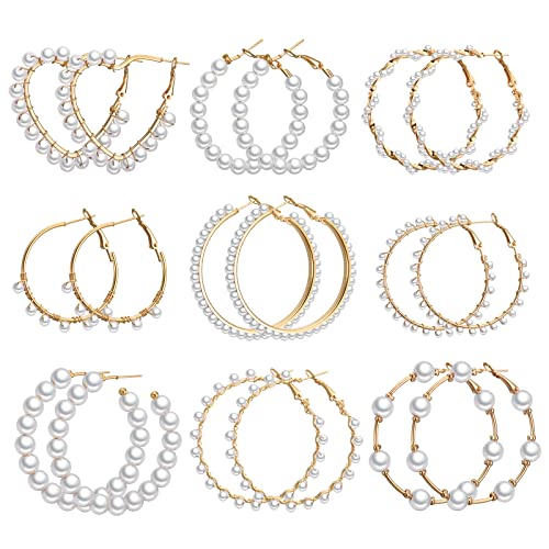 Adoshine Faux Pearl Hoop Earrings For Women Lightweight Open Large Circle Heart Dangle Drop Open Huge Earrings Artificial Pearl Beaded Earrings Brides Jewelry (9 Pairs) #TOP23