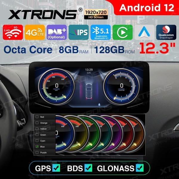 The XTRONS QXA22UCMPA12Q5L car stereo display showing customizable digital gauges for speed and RPM, with color options on the left side.