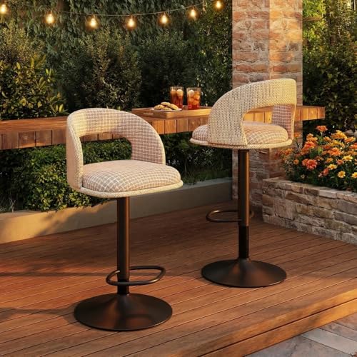 2er-Set Barhocker für den Außenbereich mit Schutzhüllen wasserdicht höhenverstellbar mit hohler Rückenlehne drehbar für Garten und Terrasse wetterfester Textilene-Stoff Leinen-Karomuster