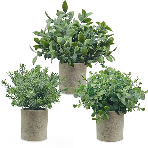 USLAI Small Potted Fake Plants(3-Pack), Mini Artificial Plastic Eucalyptus Faux Plants Topiaries for Home Office Shelf Desk Farmhouse Room Coffee Table Decor