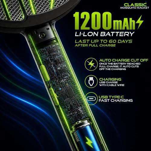 Image of Mosquito Killer Racket, Mosquito Bat Electric with UV Light | 3500V Fly Swatter, 1200mAh Rechargeable Battery, 2-in-1 Mosquito Killer Lamp for Home, Foldable Body, Black