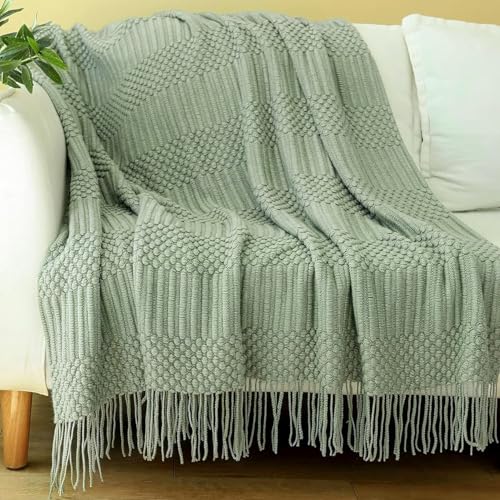 Blagic Knitted Throw Blanket for Couch, Bed and Sofa. Super Soft Blanket with Tassels, Sage Green...