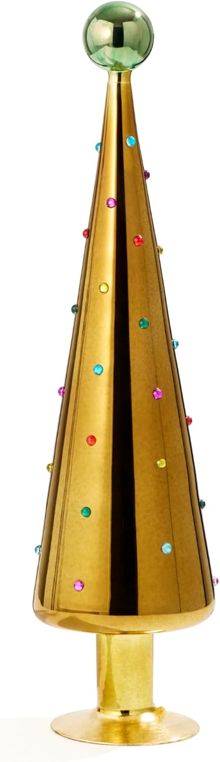 Red Carpet Studios Hand-Blown Glass Christmas Tree with Rhinestones, 15.75" - Medium, Gold