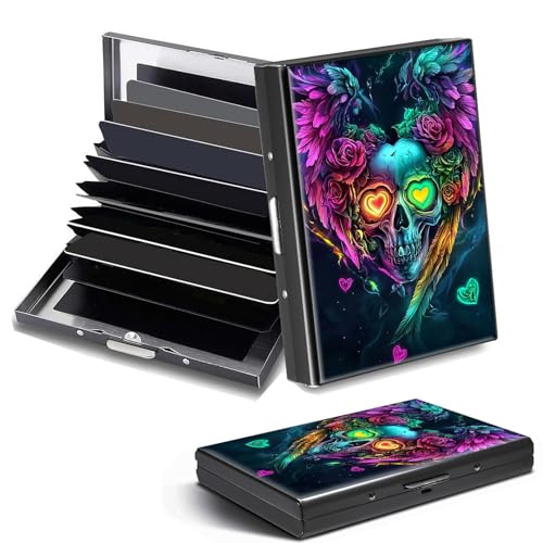 DHYYDSQZ Credit Card Holder, Art Skull Design Mini RFID Blocking Aluminum Wallet Slim Metal Hard Case Shell Travel Wallet ID Case Small Credit Cards Case Business Cards for Women Men Girls