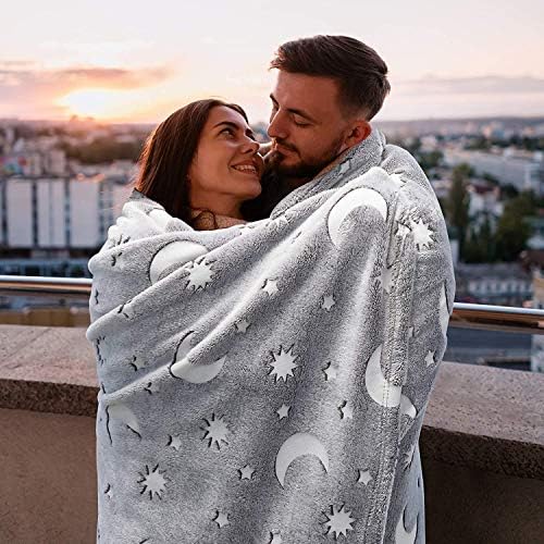 Annco Glow in The Dark Throw Blanket,Flannel Fleece Blanket,Lmuminous Stars Blanket,Moon and Stars Glowing Blanket, for Boys Girls Kids Women (Grey, 59"x79"(150cmx200cm))