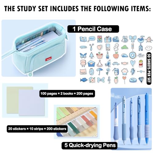 Image of HVOMO Stationery Set,1 large-capacity pencil case,5 quick-drying pens,50 waterproof stickers,2 sticky note pads(200 sheets),1 set of 10-color index labels (200 sheets),Student stationery gift (Blue)