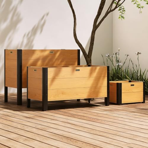 Macetero elevado móvil de aluminio y metal con acabado de madera 120x30x60 cm 5