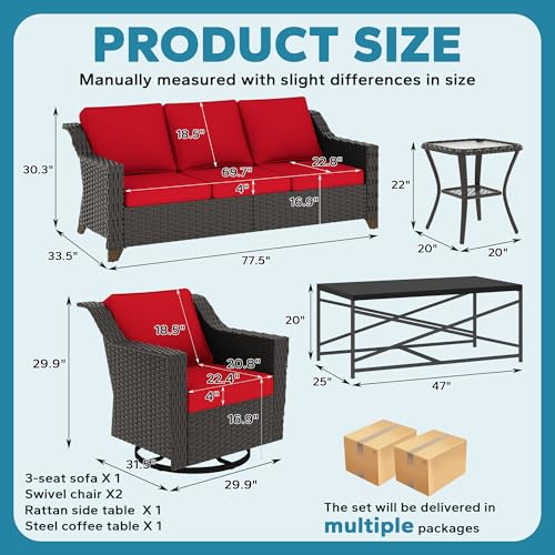 Image of 5 Piece Patio Furniture Set, Wicker Outdoor Conversation Set | Patio Chair Set with Olefin Removable Cushion, All-Weather Outdoor Couch with Deep Seat for Porch, Deck and Backyard, Red