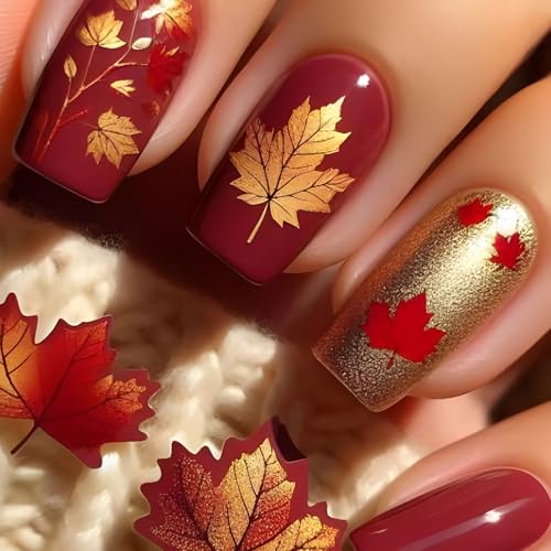 Vopintpy Thanksgiving Press on Nails Long Ballerina Coffin Nail Fall Maple Leaf Fake Nails Glossy Gold Glitter Maple Leaves Acrylic Glue on Nail for Women DIY Autumn Manicure