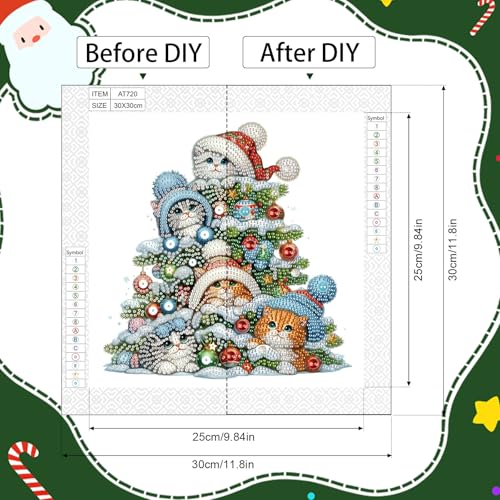 Image of 5D Special Shape Diamond Art Kits for Beginners, Diamond Art Painting Kits for Adults, Crystal Rhinestones Diamond Painting for Home Wall Christmas Decoration Gift 12x12 inch, Christmas Tree and Cats