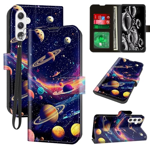 ACWDMKH for Samsung Galaxy S25 Case with Card Holder & Kickstand & Wrist Strap Wallet Flip Folio Leather Magnetic Protective Cover Shockproof Phone Case for Galaxy S25,Colorful Space Planet