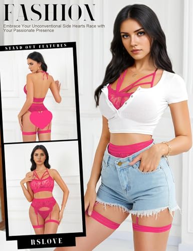 RSLOVE Damen Dessous Set Sexy – Spitzen BH und Tanga mit Strapsen Beinbänder, Mesh Body Outfit für Romantische Nächte, Besondere Anlässe, Intime Momente, Rosa Einheitsgröße