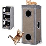 GYMAX Kratztonne 40 x 40 x 99 cm, 4-stöckige Katzentonne mit 3 Höhlen, abnehmbare Plüschkissen & 2 Kratzbretter, Stabiler Kratzbaum für kleine & große Katzen (Grau)