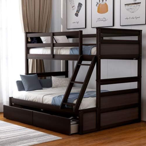 Mera Twin Over Full Bunk Bed with Ladder and Storage Drawers, Solid Wood Bunk Beds, Twin Over Full Size with Guardrail, Can Be Separated Into Twin/Full Size Bed (Espresso 2)