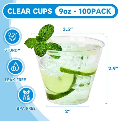 RACETOP 255.1g(9온스) 투명 플라스틱 컵 100팩, 일회용 플라스틱 파티 컵 텀블러, 칵테일 컵, 파티, 결혼식 및 이벤트에 적합 — 사진 2