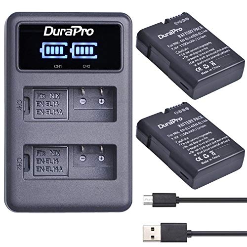 DuraPro 2Packs 1200mAh EN-EL14 ENEL14 EN EL14 EL14A Camera Battery + LED Dual USB Charger for Nikon EN-EL14, EN-EL14a;Nikon P7800,D5300,D5200,D3200,D3300,D5100,D3100,Df.