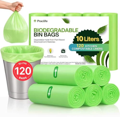 120 Pcs Biodegradable Food Waste Bags 10L Compostable Caddy Bin Liners | Small Clear Green Food Recycling Garbage Trash Bags