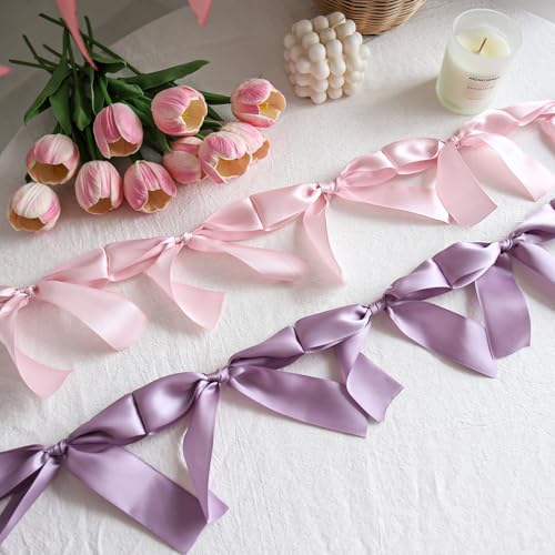 Image of Pre-Assembled Pink Bow Garland - 6ft Ready-to-Hang Engagement Party Decorations, Coquette Birthday & Bridal Showers, No DIY Needed! Baby Room Bed Decor (Pink, 6ft)