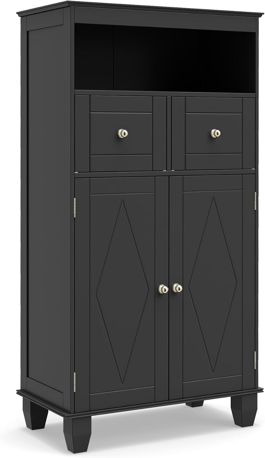 COSTWAY Bathroom Floor Cabinet, 108cm Freestanding Storage Cupboard with 2 Doors, 2 Drawers and Open/Adjustable Shelves, Solid Wood Legs Bathroom Unit Cabinet Sideboard for Living Room Kitchen (Black)
