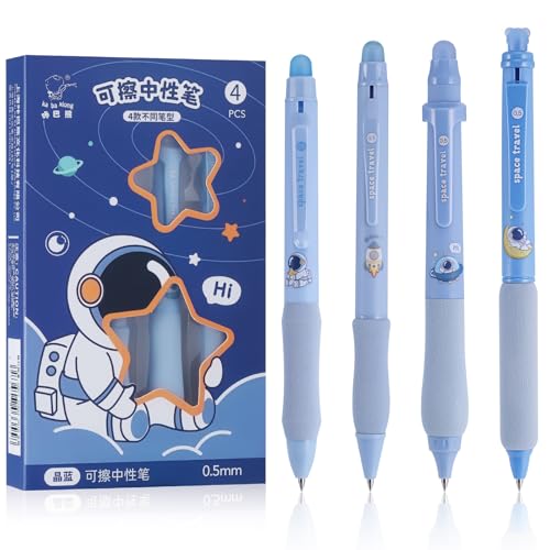 JIANTA Bolígrafo Borrable Azul, 4 Piezas Bolis Borrables, Bolígrafo Rollerball con Tinta 0.5MM, Rollerball Recargable y Ergonómico Borrable, Bolígrafos de Gel para Escritorio Escolar - Astronauta