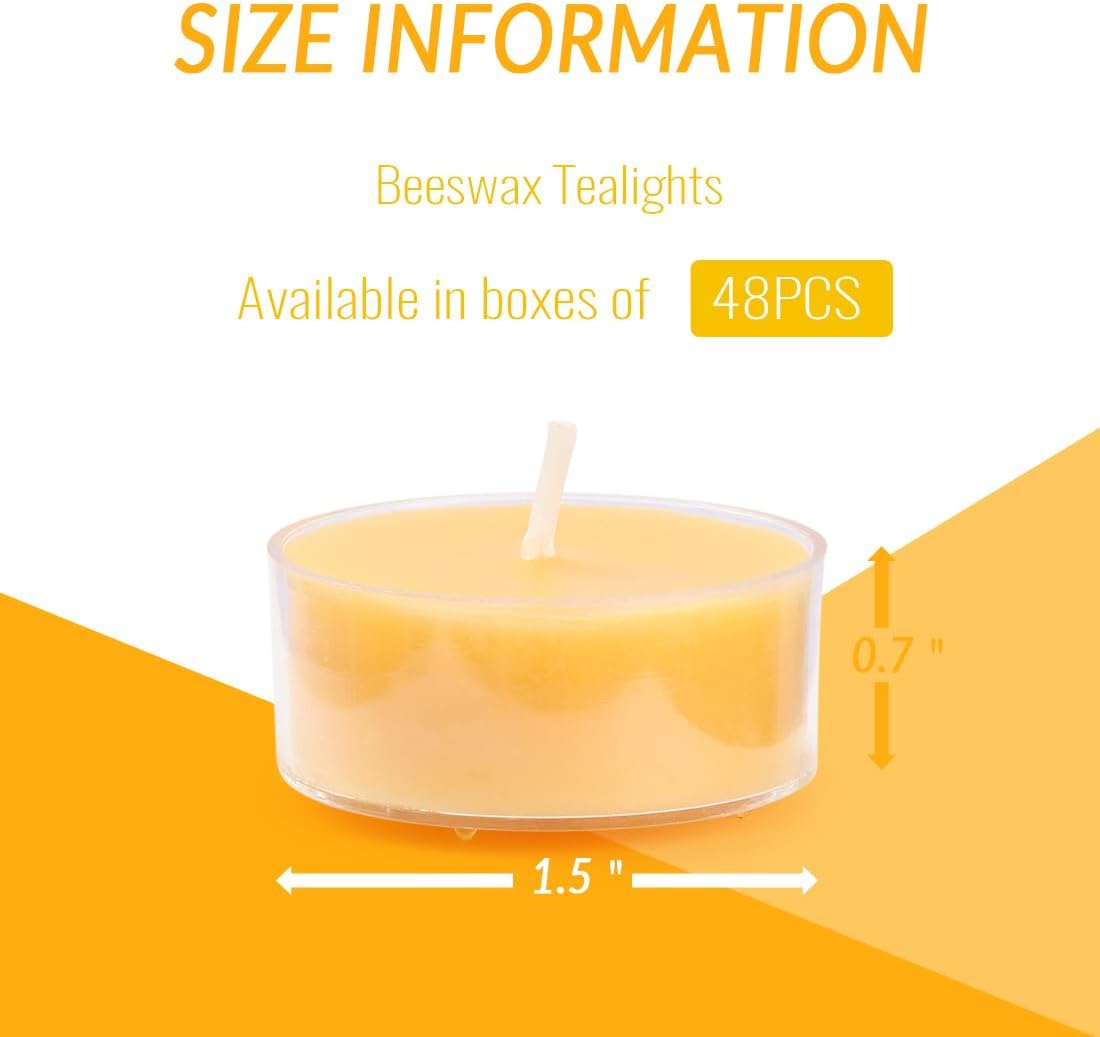 48 Packs Pure Beeswax Tealight Candles Bulk-4 Hour Burn Time,Unscented Natural Beeswax Tealights for Centerpiece Table (Yellow)