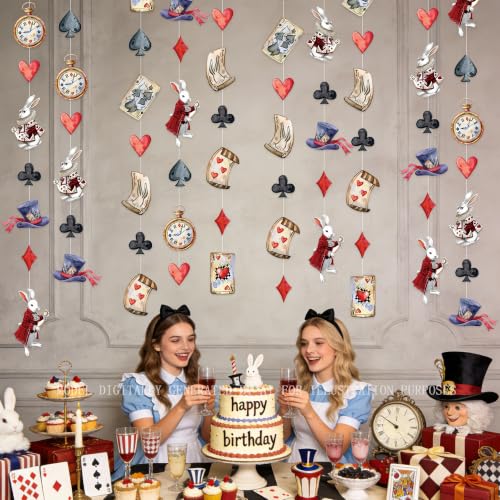 Image of Vintage Wonderland Party Decorations Retro Bunny Poker Pocket Watch Mad Hat Hanging Streamer Garland Banner for Vintage Easter Spring Birthday Wedding Shower Bachelorette Tea Party Decor Supplies