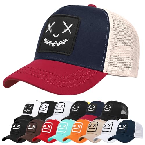 Image of Enwokran Baseball Cap Mens Quirky Bizarre Embroidery Hats Unisex, Hip Hop Trucker Caps Adjustable Mesh Back UPF 50+ UV Protection Summer Sun Hat Sports Cap (A_Navy Red)